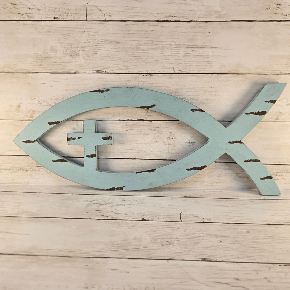 Rustic Wood Ichthys Fish Cross Wall Decor Distressed Light Blue Christian Sign